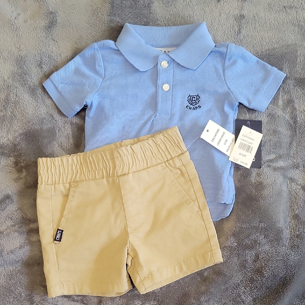 Baby Boy Summer Set Blue Chaps Shirt And Brown Chaps Shorts New Never Used 0-3m